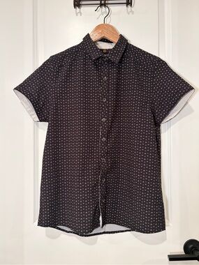 JB Holt Boys Short Sleeve Button Down Shirt Black Geometric Diamond Size L 14-16
